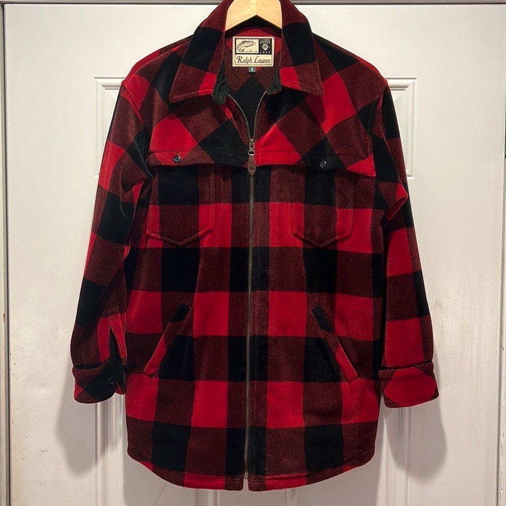 Vintage 90s Lauren Ralph Lauren Red Black Buffalo Plaid Velour Shirt Jacket Sz S